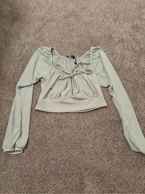 Princess Polly Ribbed Tie-Front Long Sleeve Crop Top - Sage